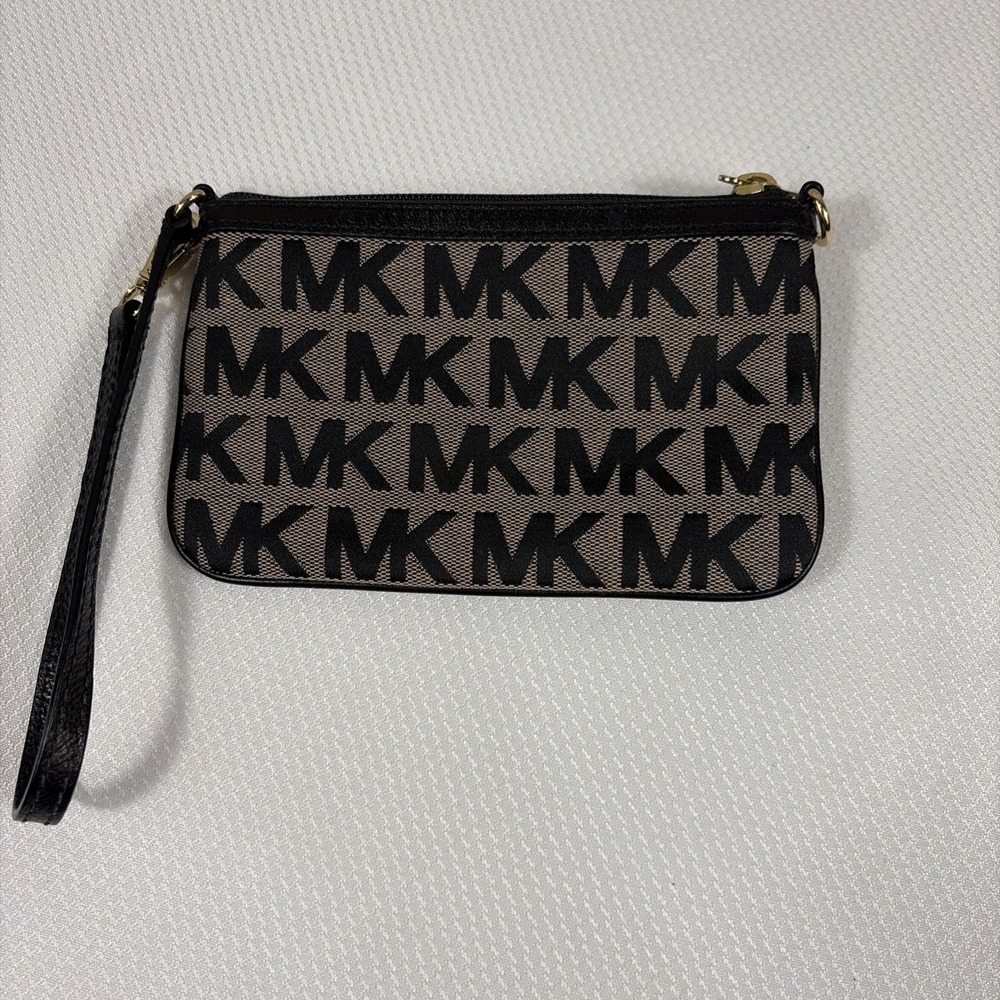MICHAEL KORS SIGNATURE WRISTLET BLACK & TAN GRAY FABRIC MK LOGO GOLD HARDWARE - Picture 1 of 8